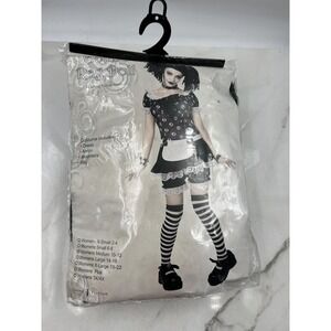 Gothic Rag Doll Costume Womens Medium Dress Wig Bloomers Apron Striped Socks Set